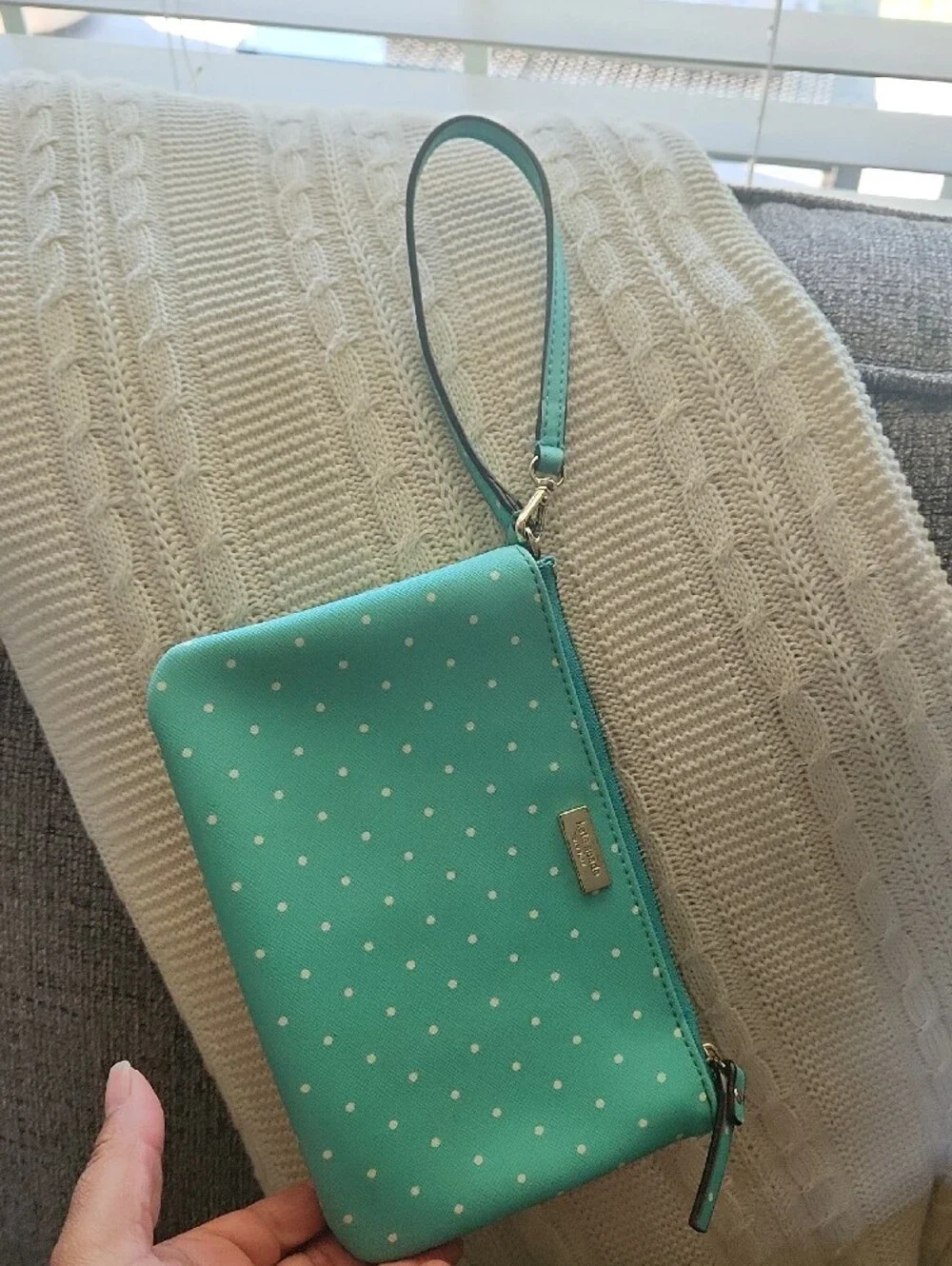 kate spade teal polka dot clutch/wristlet with strap
